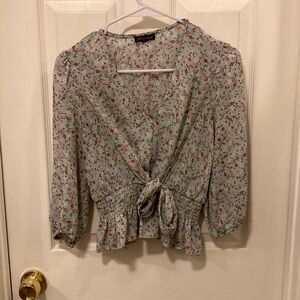 Shinestar Red and Green Peplum Blouse with Tie Front 3/4 Sleeve